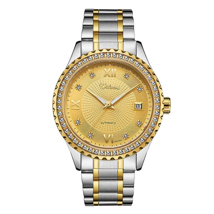 Fashionmonger men's gold automatic mechanical watch with black dial and luminous hands on a metal bracelet.