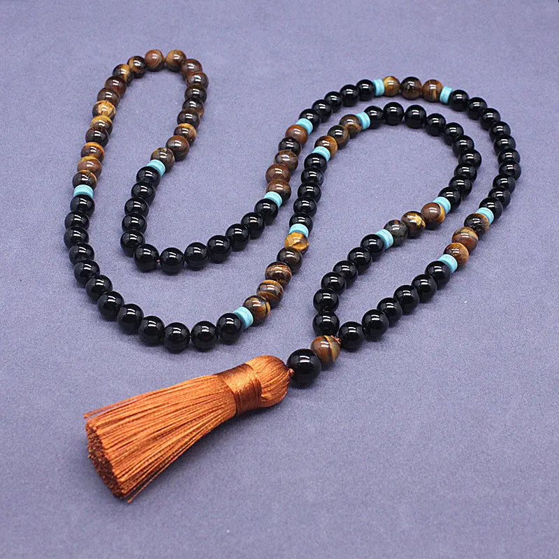 Black agate bracelet and tiger eye stone necklace set with geometric designs