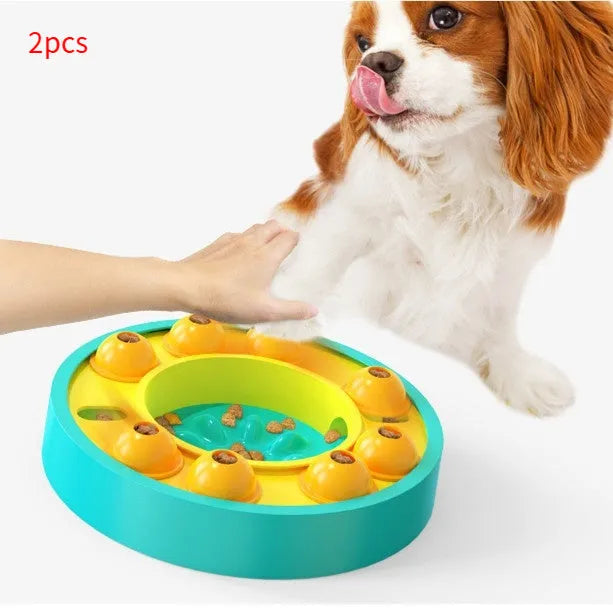 Blue dog puzzle toy with central feeding column and food turntable on non-slip base