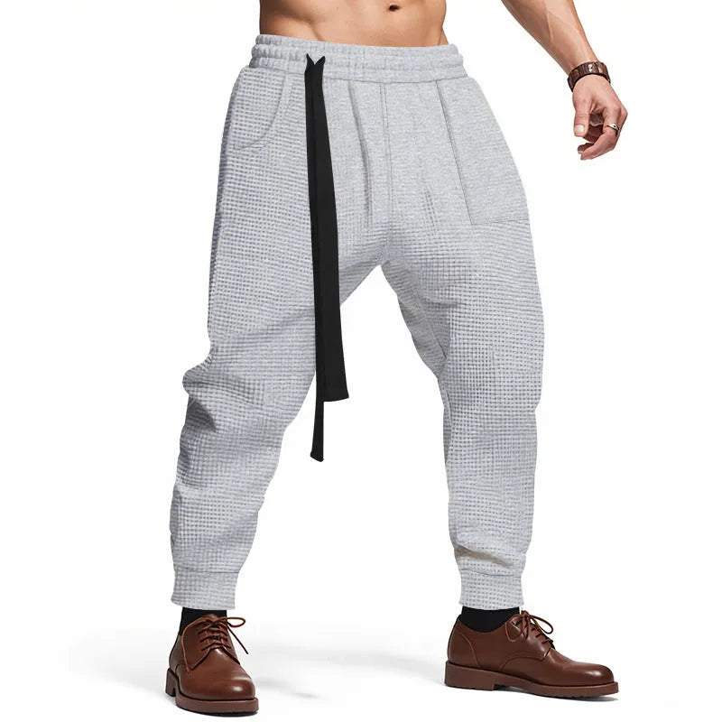 Men's waffle casual trousers, mid-rise straight leg polyester blend, in black, khaki, light grey, blue or white