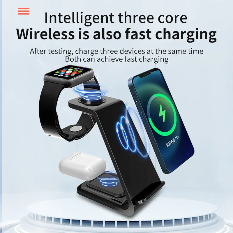 White upright wireless charging stand holding a mobile phone, with a smartwatch and earbuds case charging on its base.