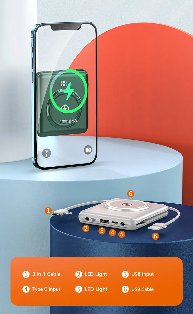 Compact square 20000mAh power bank with LCD screen in black, green, or red colour.