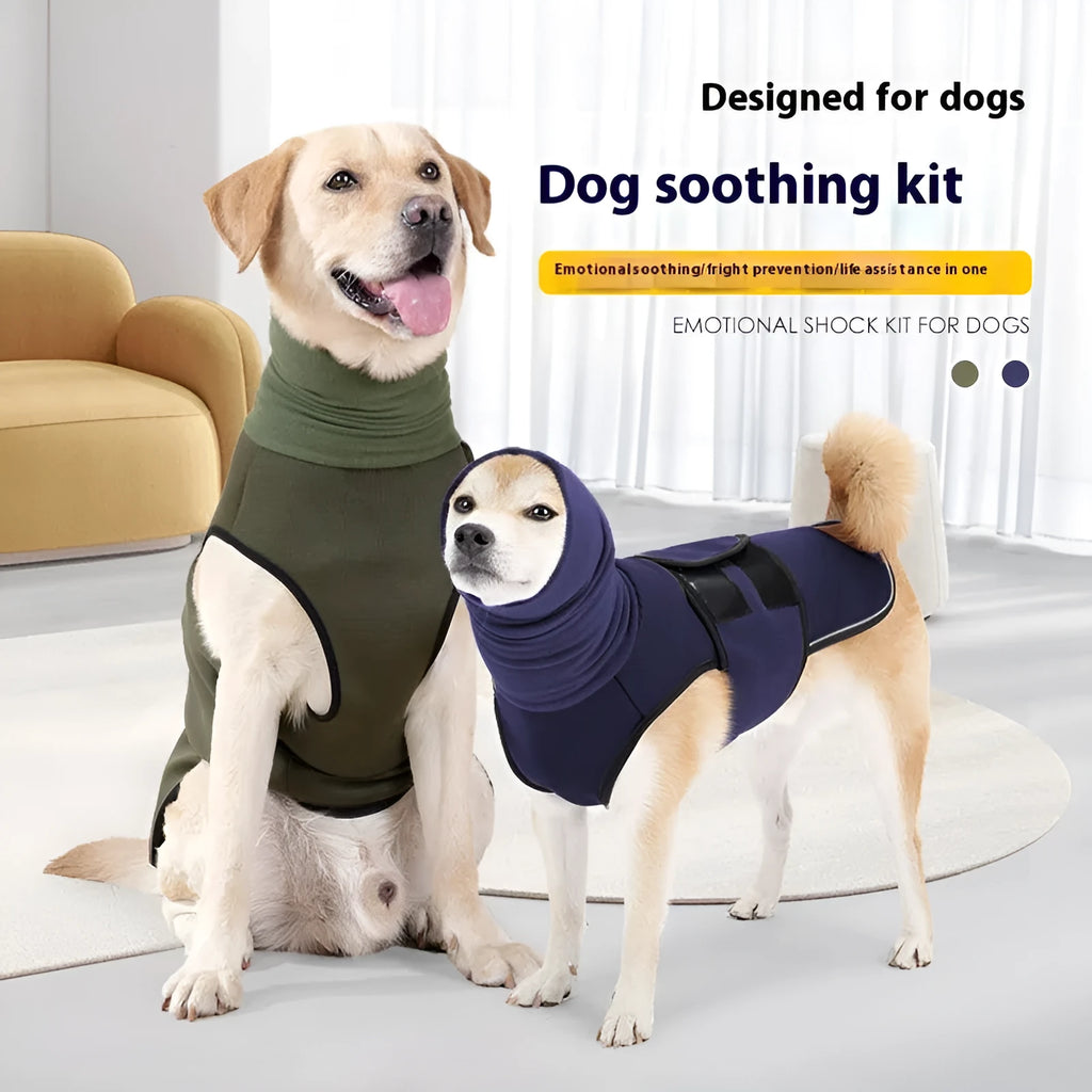 Dog wearing army green calming jacket for anxiety relief