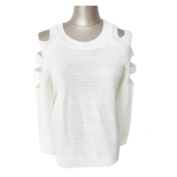 Women's grey hollow-out crochet long sleeve knit shirt on a hanger.