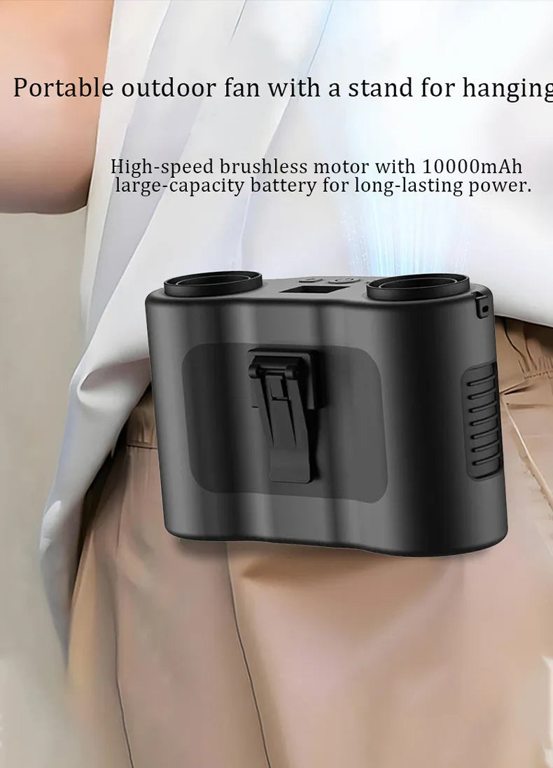 Black waist-hung personal fan with neck lanyard and waist clip, showing control button and turbine blades.