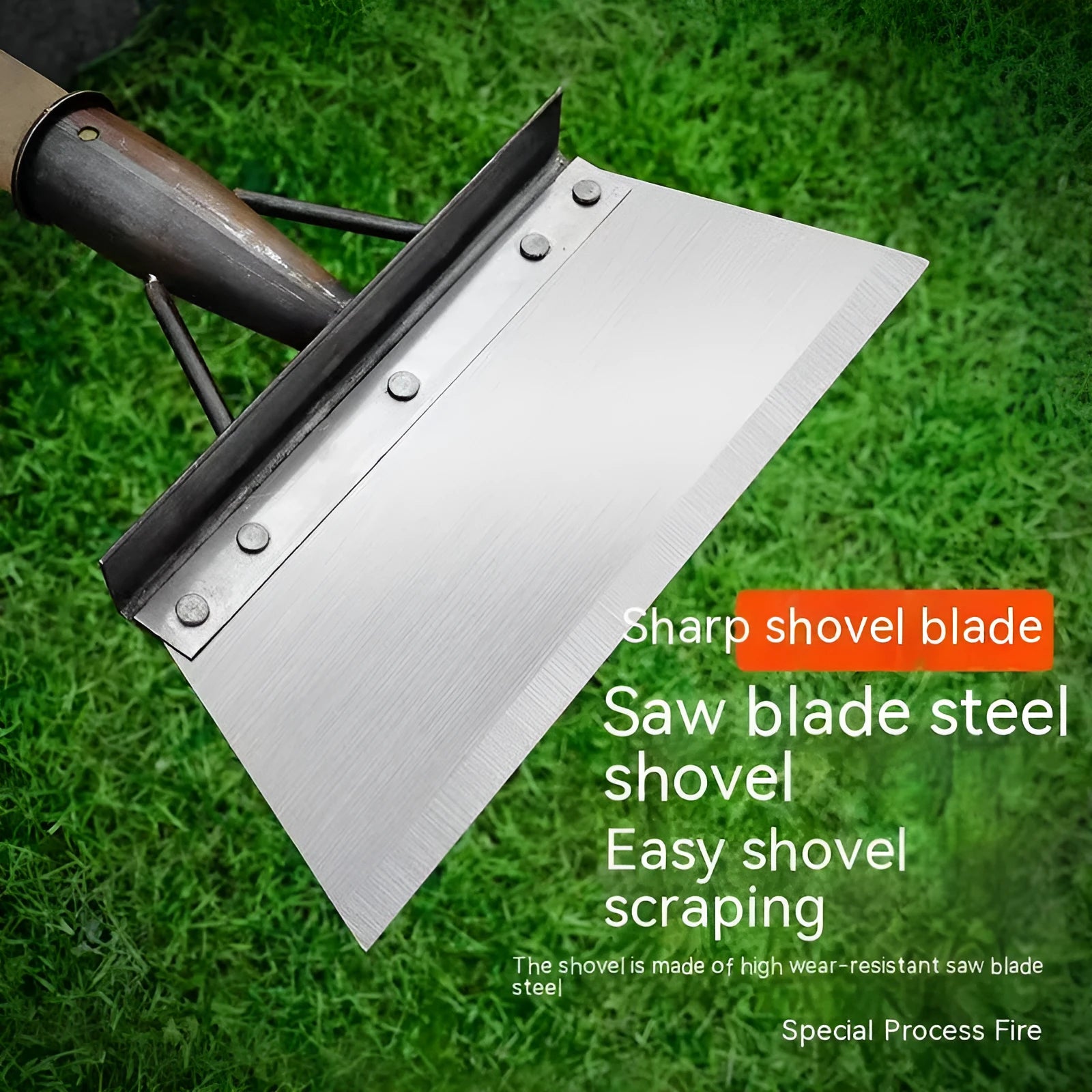 Manganese steel cleaning shovel with a tool steel head, shown in a garden setting.