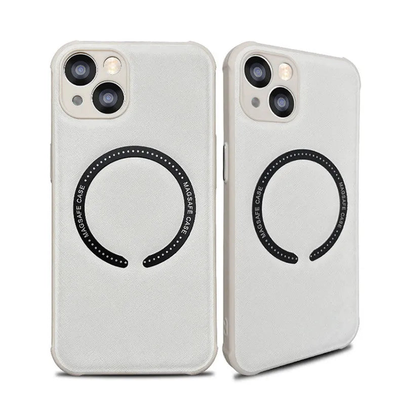 Leather phone case with MagSafe magnetic cross for iPhone 14 in black solid colour