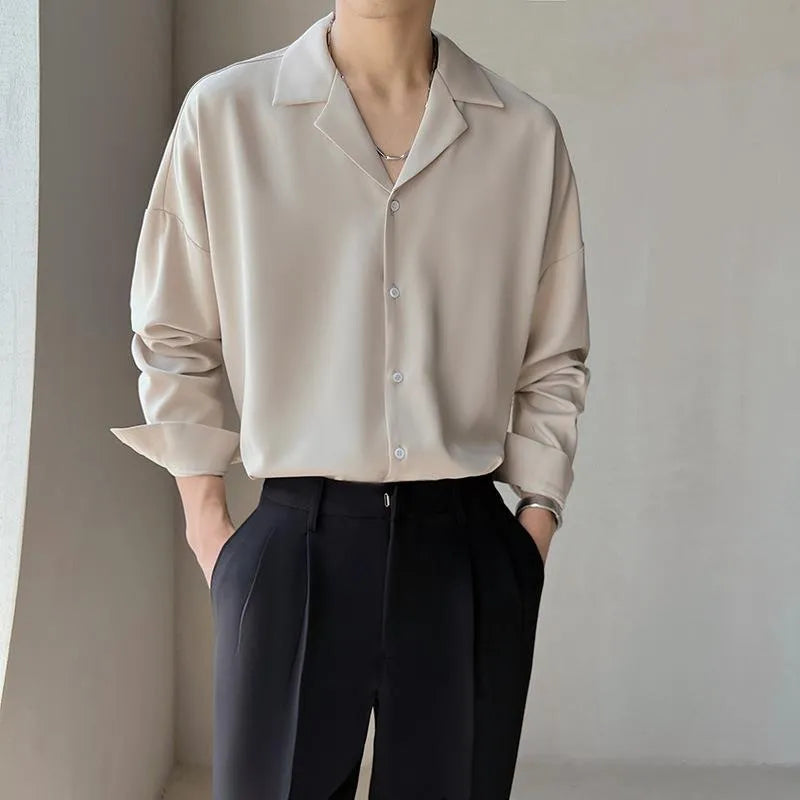 Solid colour long sleeve cardigan shirt with lapel collar in apricot, polyester fabric, front view