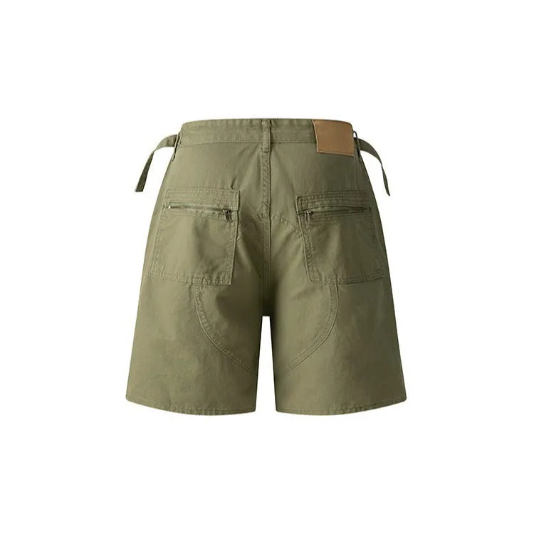 Retro workwear shorts in washed cotton cloth with loose fit and half elastic waistband