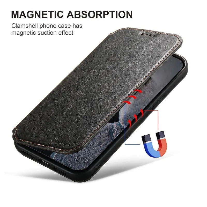 Frosted black PU leather phone case for iPhone 16 with card slot and magnetic back