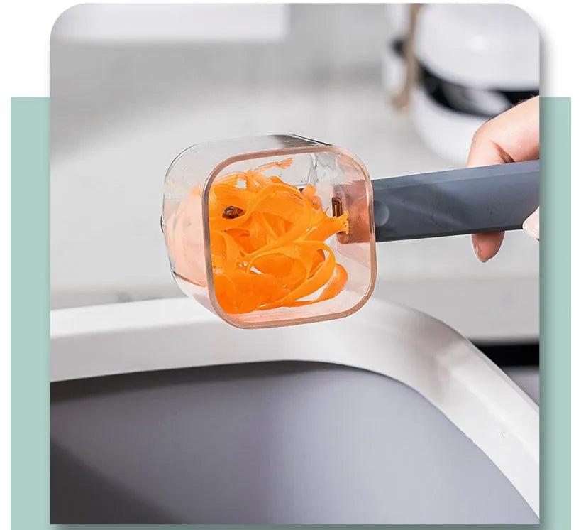 Creative green stainless steel and plastic vegetable peeler on a kitchen surface.