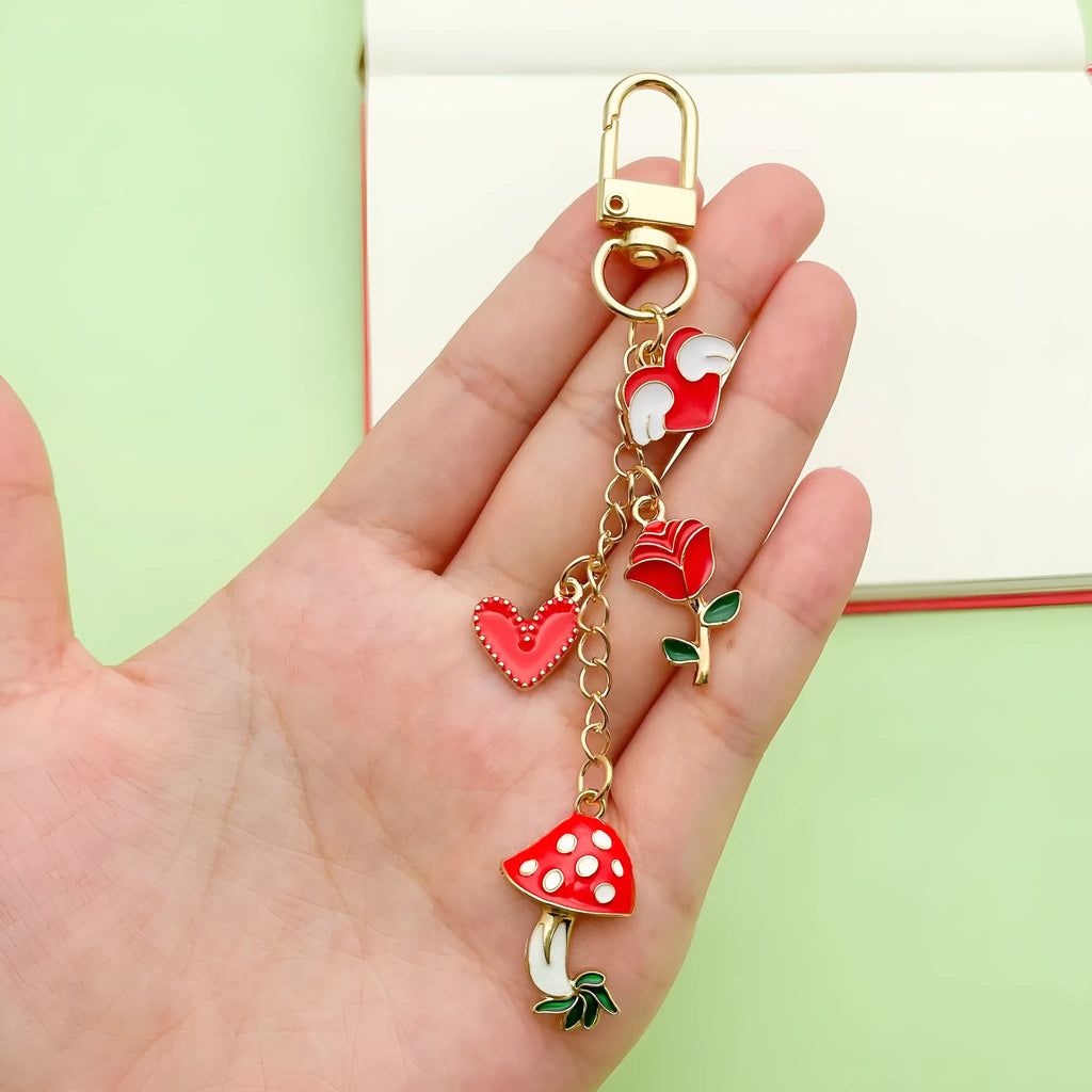 Red mushroom love heart rose heart-shaped alloy keychain with oil drip finish colour LS613