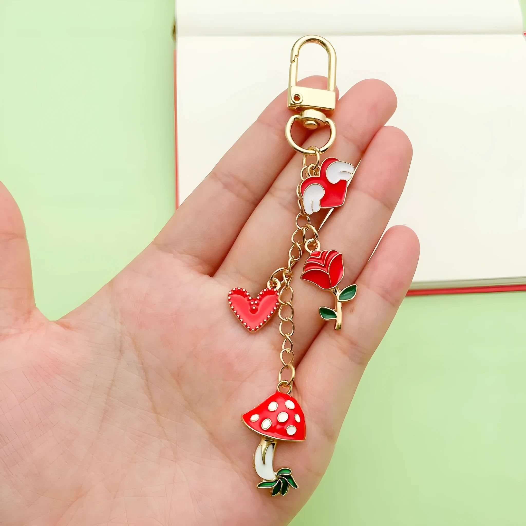 Red mushroom love heart rose heart-shaped alloy keychain with oil drip finish colour LS613