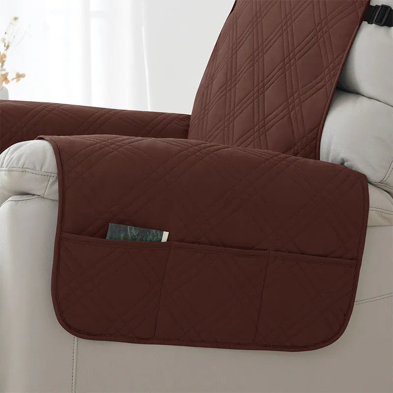 Quilted burgundy waterproof cover fitted on a Chivas massage chair sofa cushion.