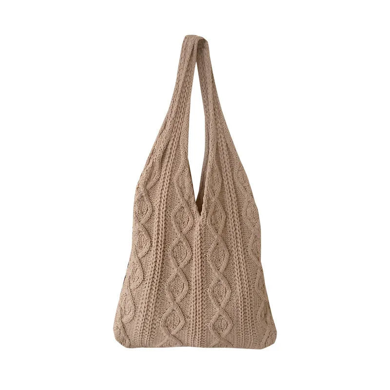 Retro style hollow-knitted polyester shoulder tote bag with double straps in a solid colour