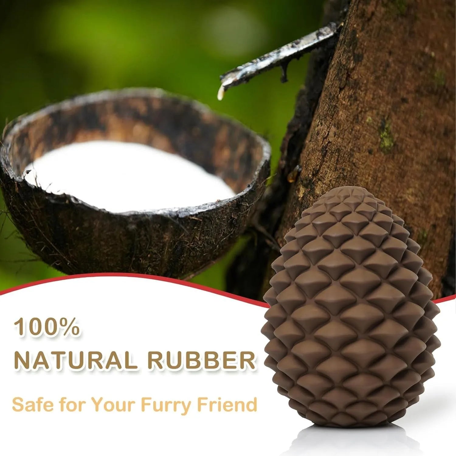 Yellow pine cone-shaped natural rubber dog chew toy with treat dispenser on a white background.