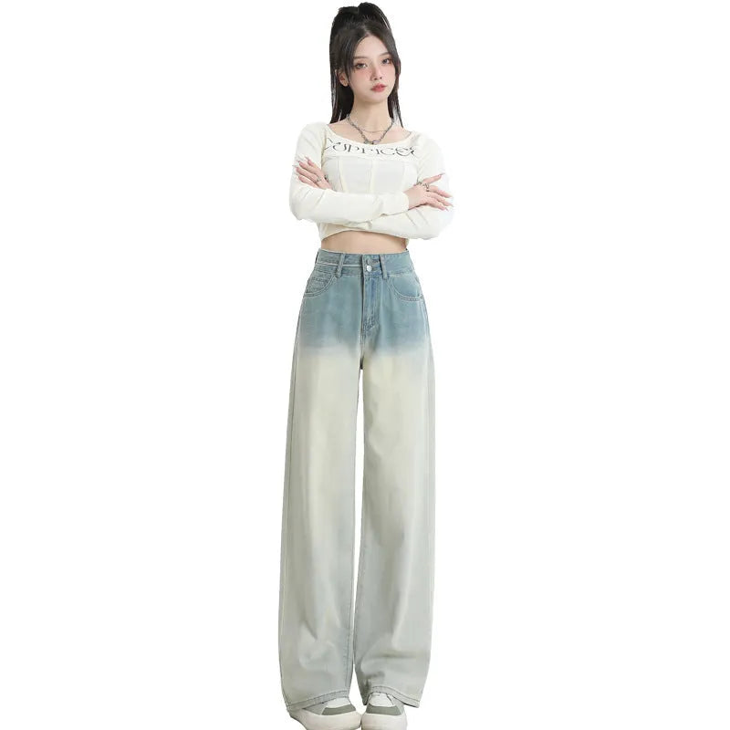 Women's gradient blue wide-leg straight-leg cotton denim trousers on a hanger.