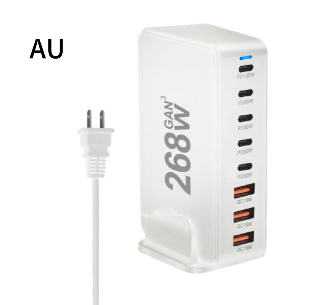 268W gallium nitride 8-port desktop charger with 5 USB-C and 3 USB-A ports in white colour