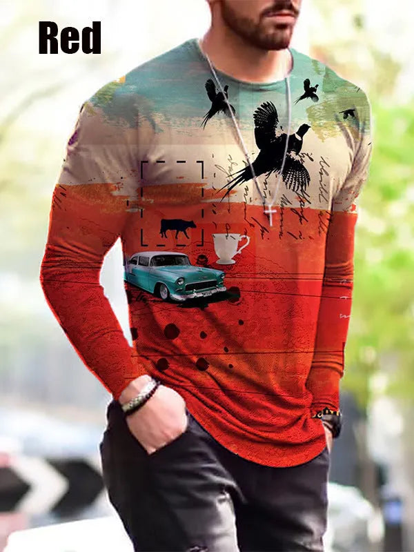 Men's long-sleeved camouflage print T-shirt with round neck and straight version fit in black colour