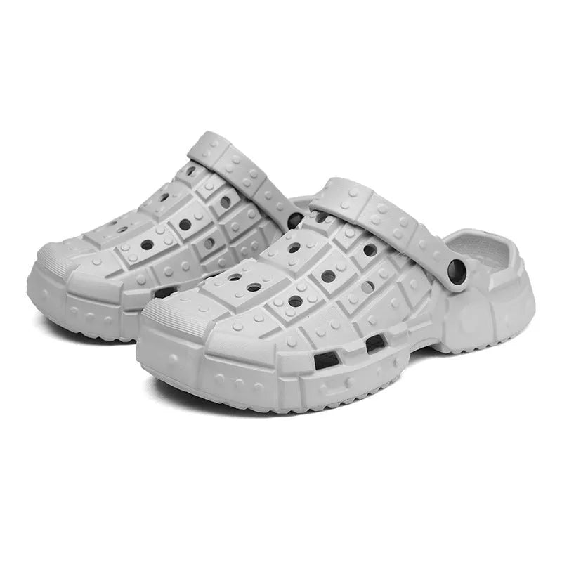 Men's sand-coloured EVA slippers with thick sole and non-slip pattern, shown in toe holder design.