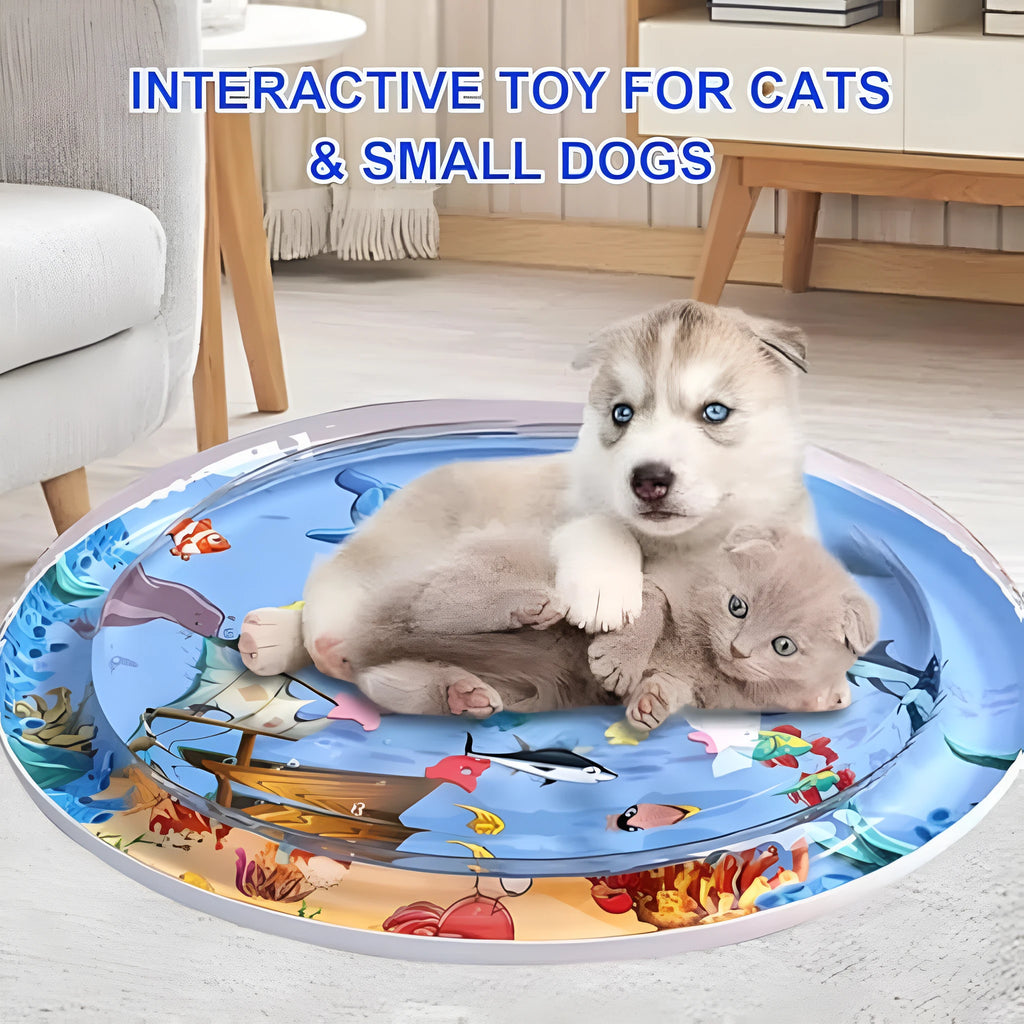 Blue 90cm diameter cat water playmat on floor with floating fish toys inside, shown with an inflator.