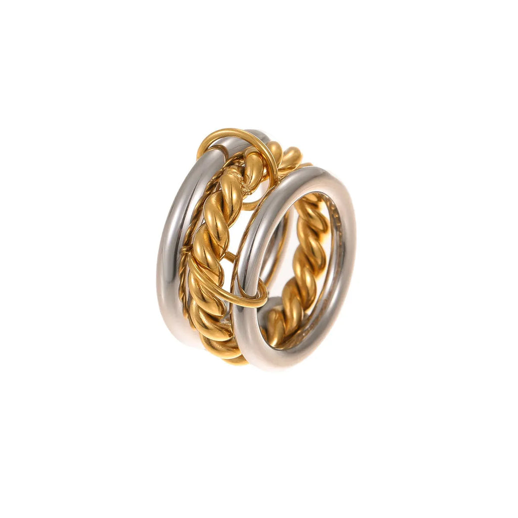 A stacked stainless steel ring set with 18K gold plating in an exaggerated design for women.