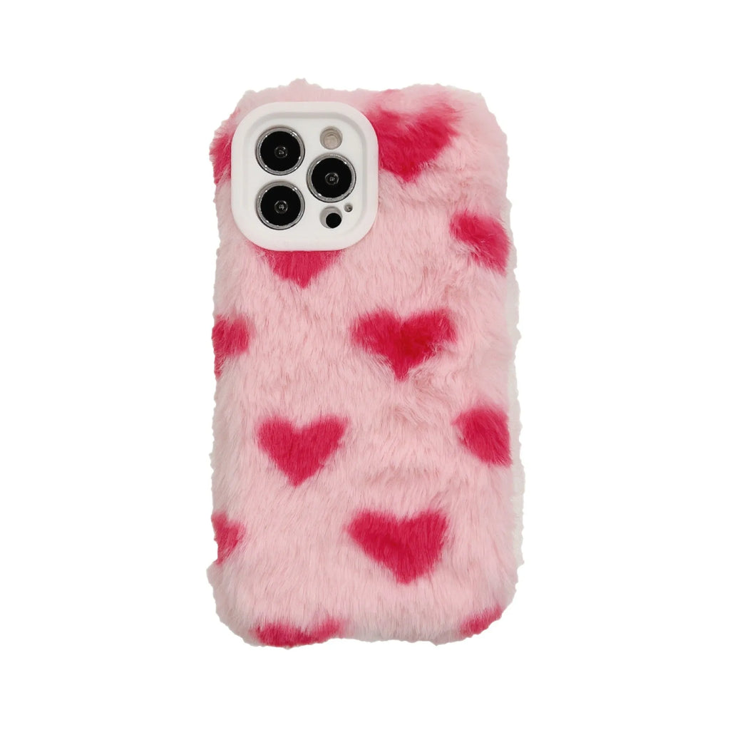 Pink silicone iPhone case with cartoon Love Plush design, shown fitted on a mobile phone.