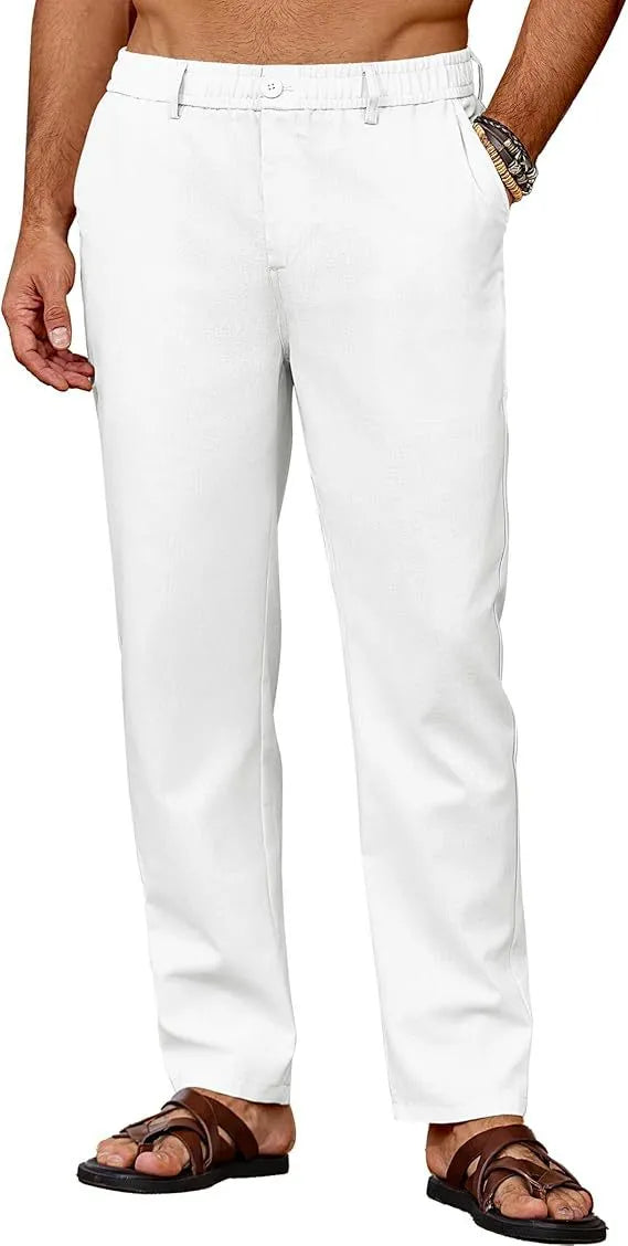 Men's casual straight leg drawstring pants in polyester with slight stretch, full length, low waist, spring trousers
