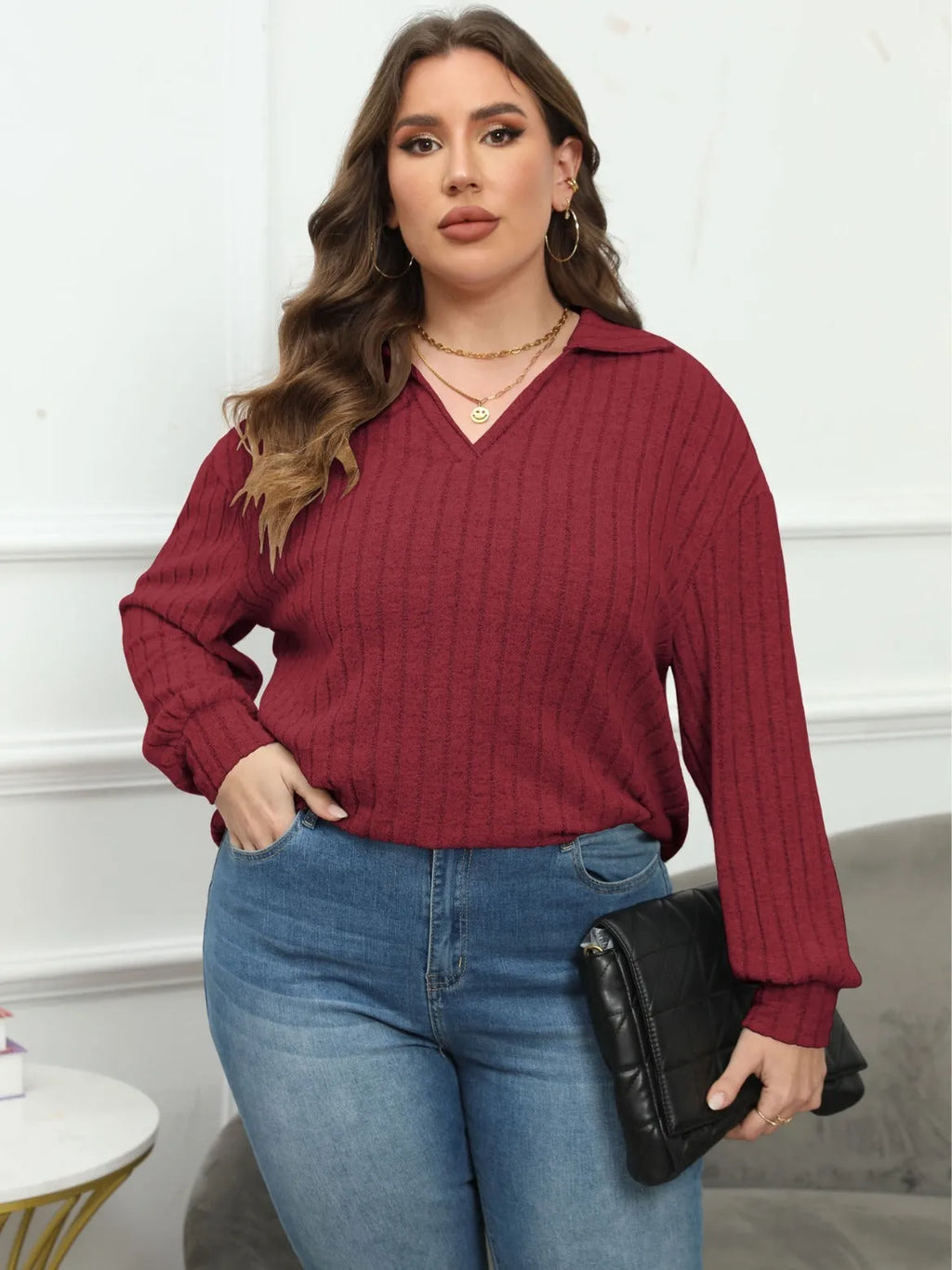 Plus size women's grey polo collar fleece shirt with lantern sleeves in Gothic street style.