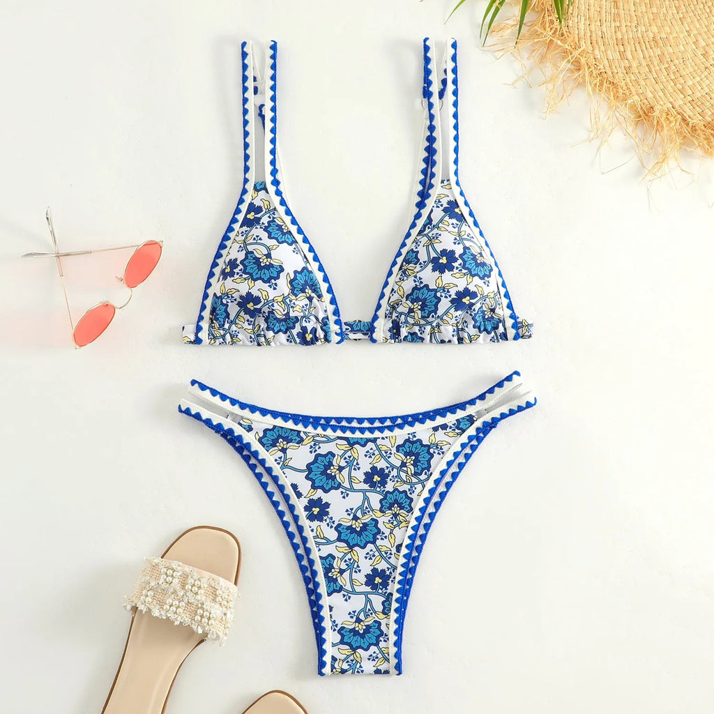 Women's printed bikini swimsuit with floral pattern quick-drying polyester fabric
