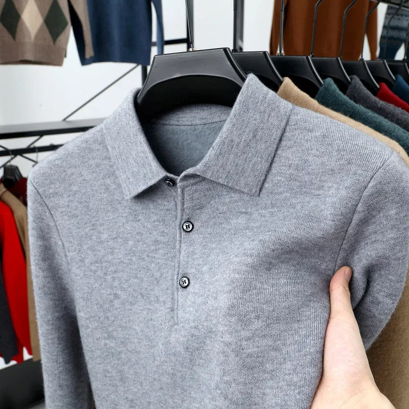 Men's turn-over collar polo shirt knitwear in fancy twill camel colour long sleeve pullover