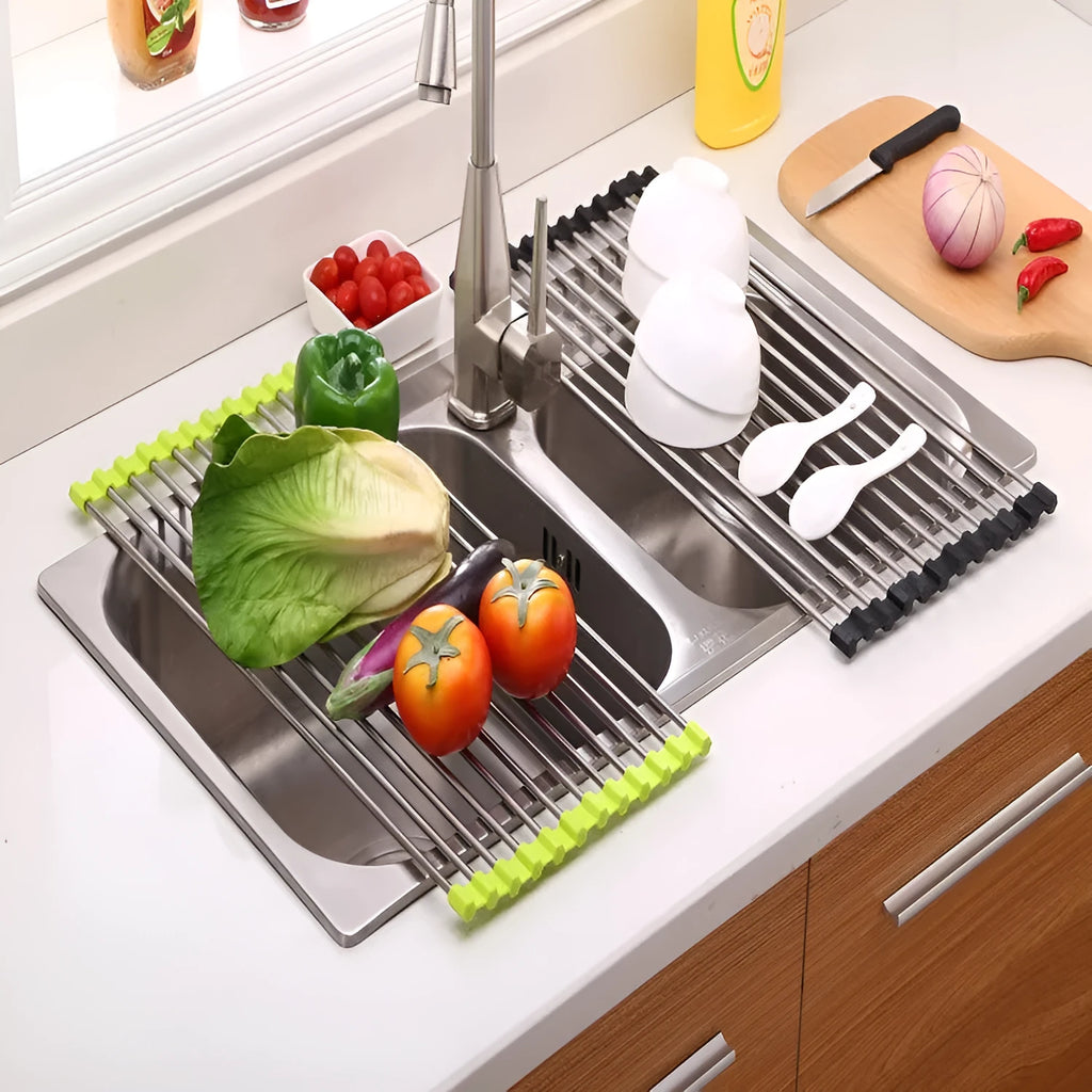 Folding stainless steel kitchen sink drain rack with coloured PP plastic tubes in collapsed and expanded positions