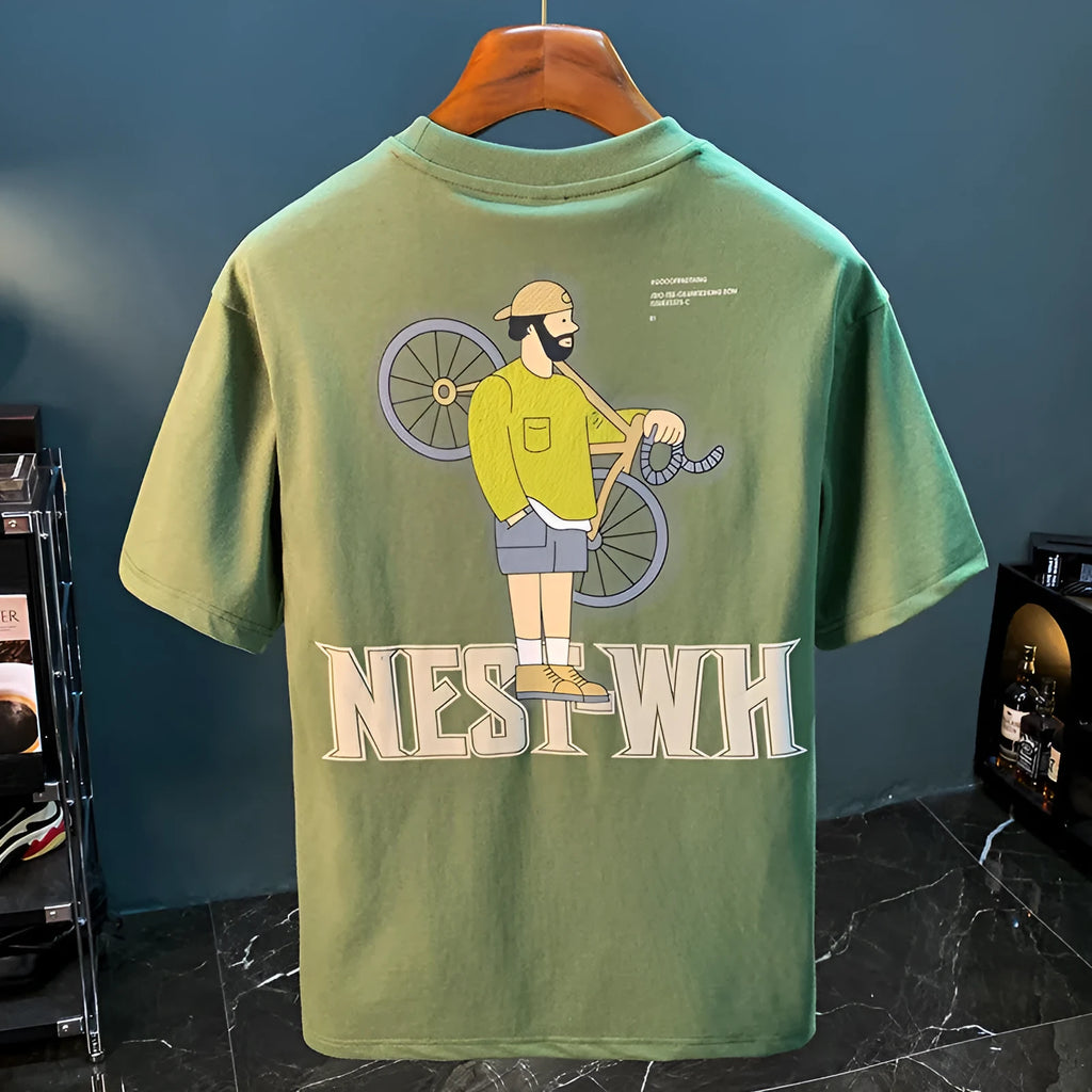 Green men's loose fit T-shirt with a literary print design on the front.