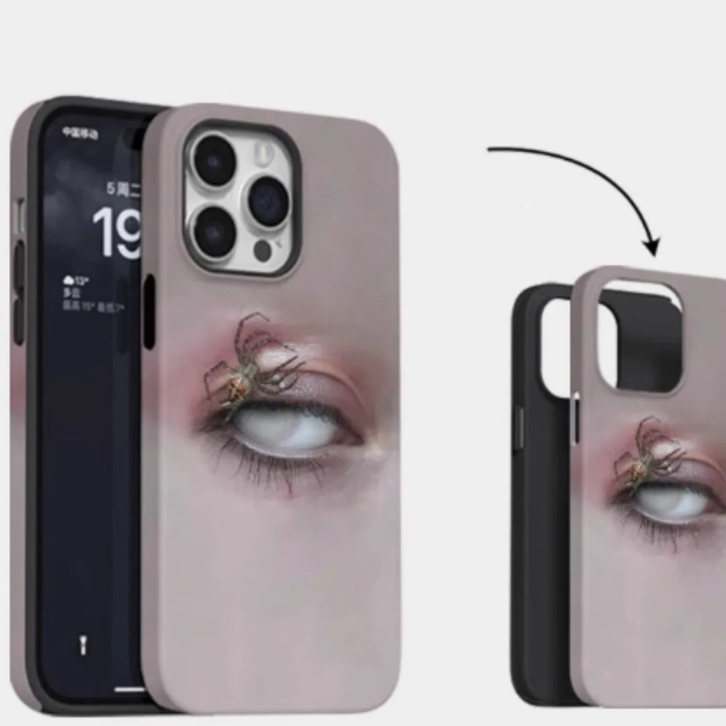 Dark heterochromatic spider design on a frosted resin protective case for iPhone.