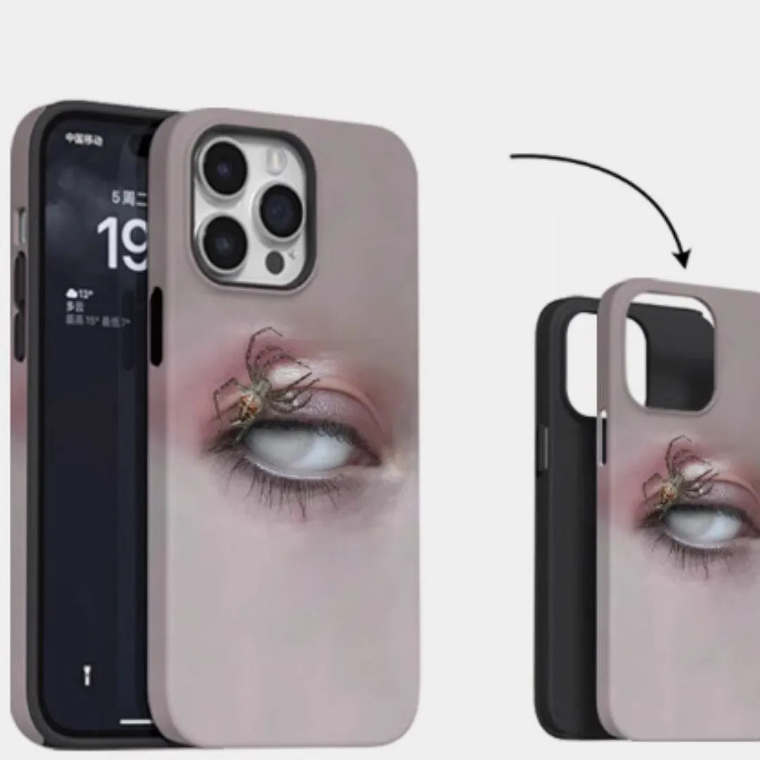 Dark heterochromatic spider design on a frosted resin protective case for iPhone.