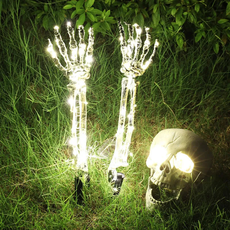 Halloween LED skeleton arm ground stake light with solar panel and battery options for outdoor decoration