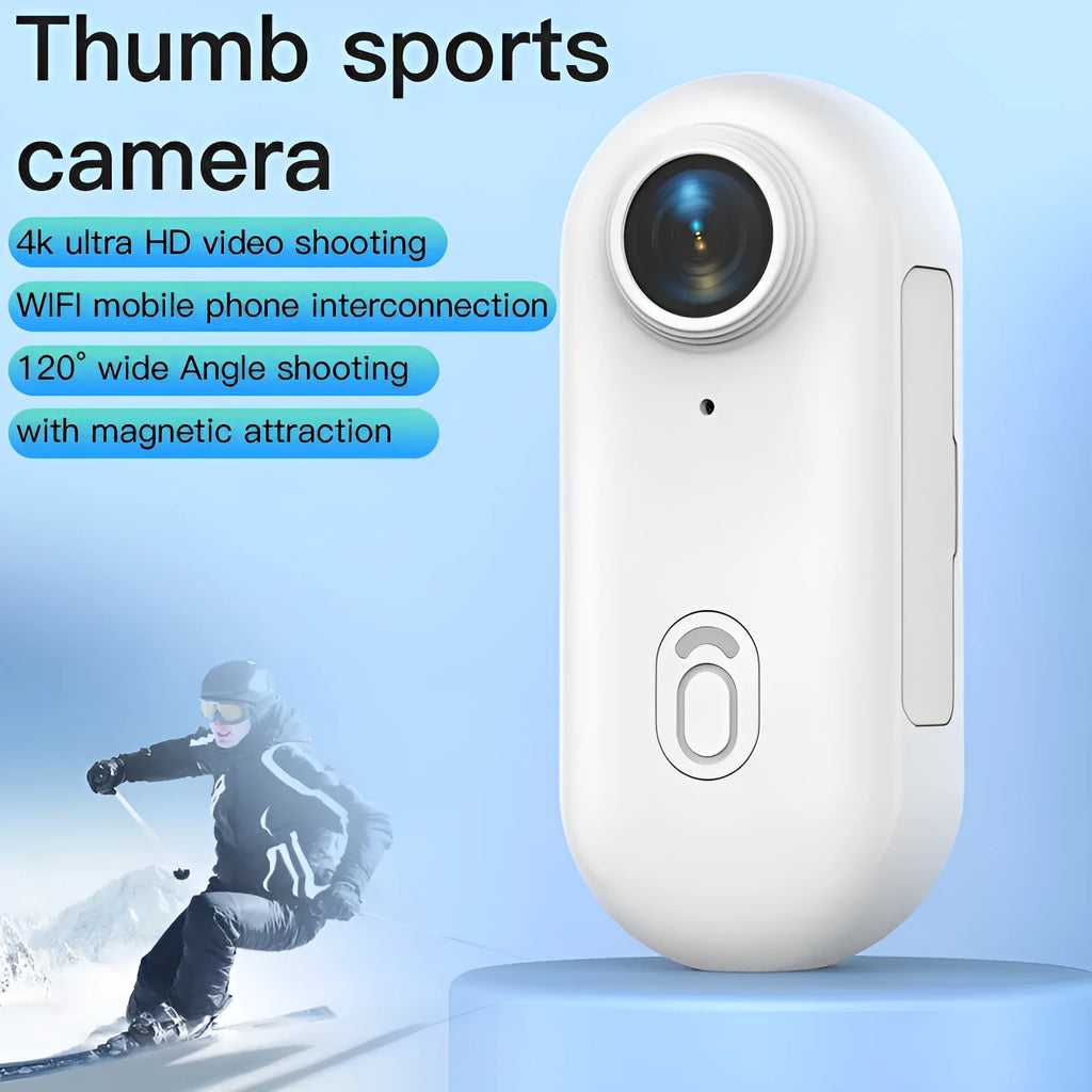 Mini black 4K action camera with magnetic mount attached to a bicycle helmet.