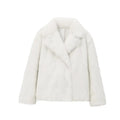 Women's solid colour faux fur jacket with lapel collar and long sleeves in beige, shown front view