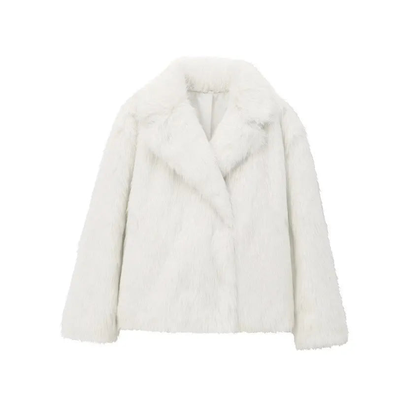 Women's solid colour faux fur jacket with lapel collar and long sleeves in beige, shown front view