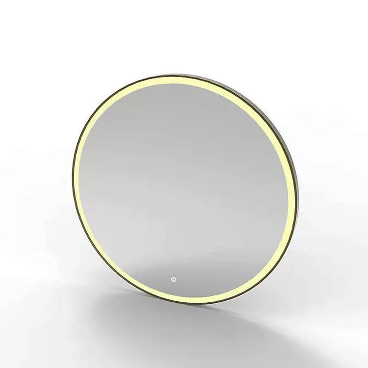 Round black aluminium framed wall mirror with integrated LED lighting rings.