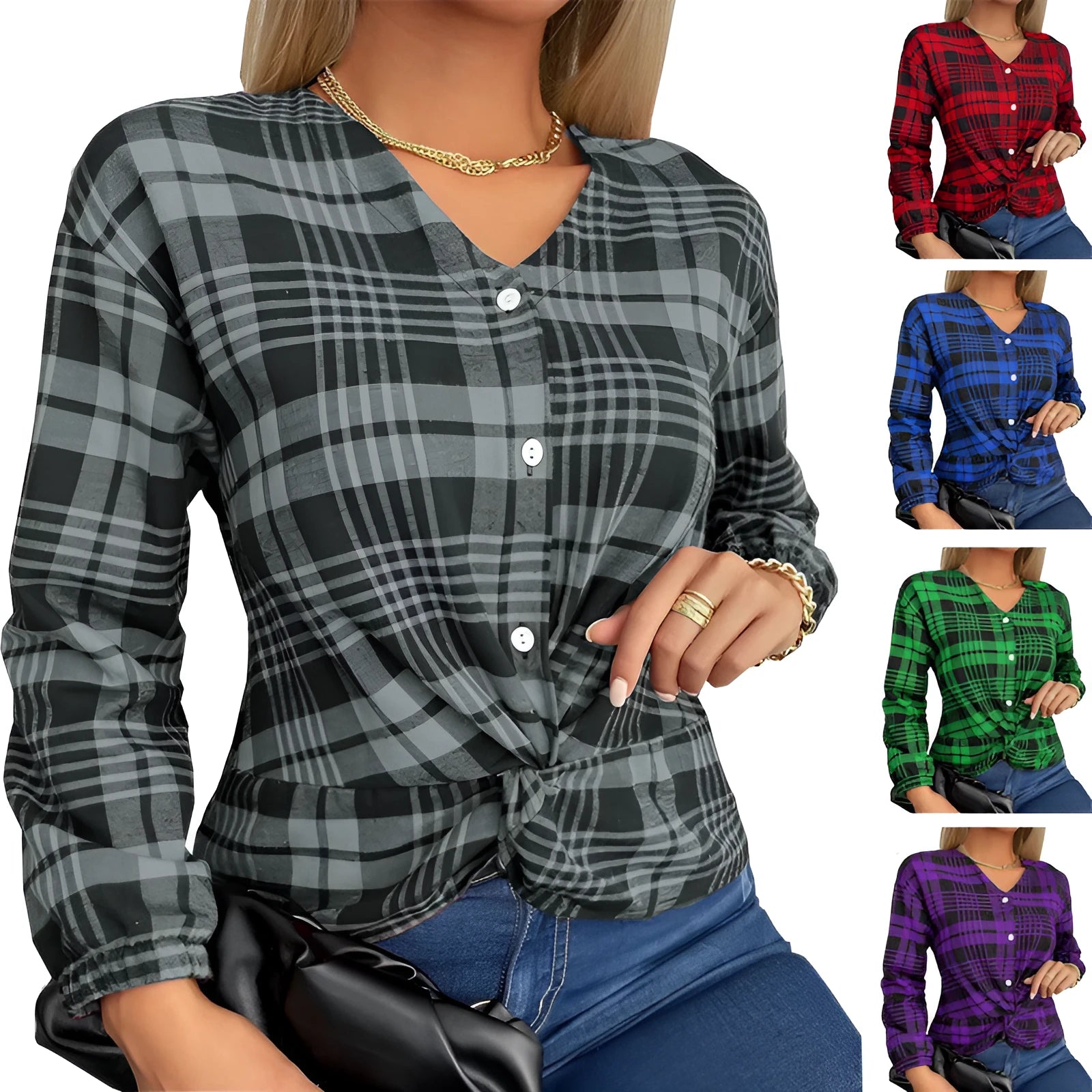 Women's loose-fit plaid casual shirt in polyester, available in purple, grey, or red colours.