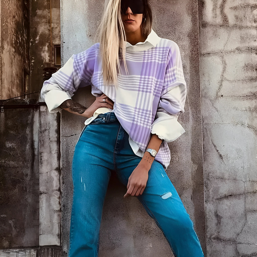 Lilac plaid print loose sweater with ribbed trim on the cuffs and a relaxed fit.