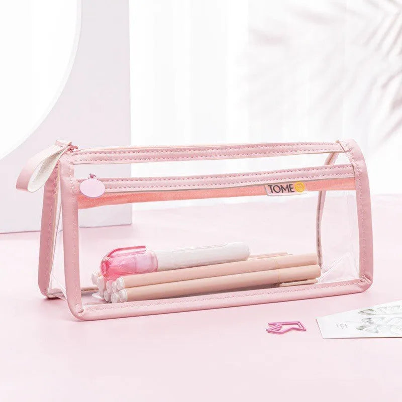 Transparent double-layer pencil case showing internal compartments and stationery organisation