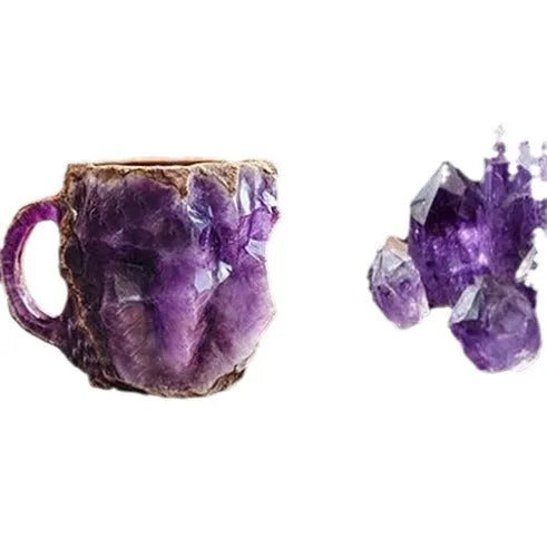 Purple resin coffee mug with handle showing crystal-like texture, 10cm tall.