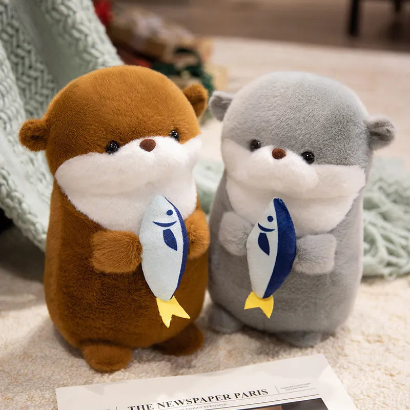 Brown small otter plush doll holding a fish, 30cm height, short plush fabric