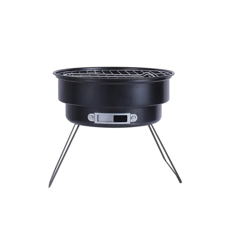Folding round metal ice stove with grill and leg set up for barbecue, with charcoal clip and packaging bag.