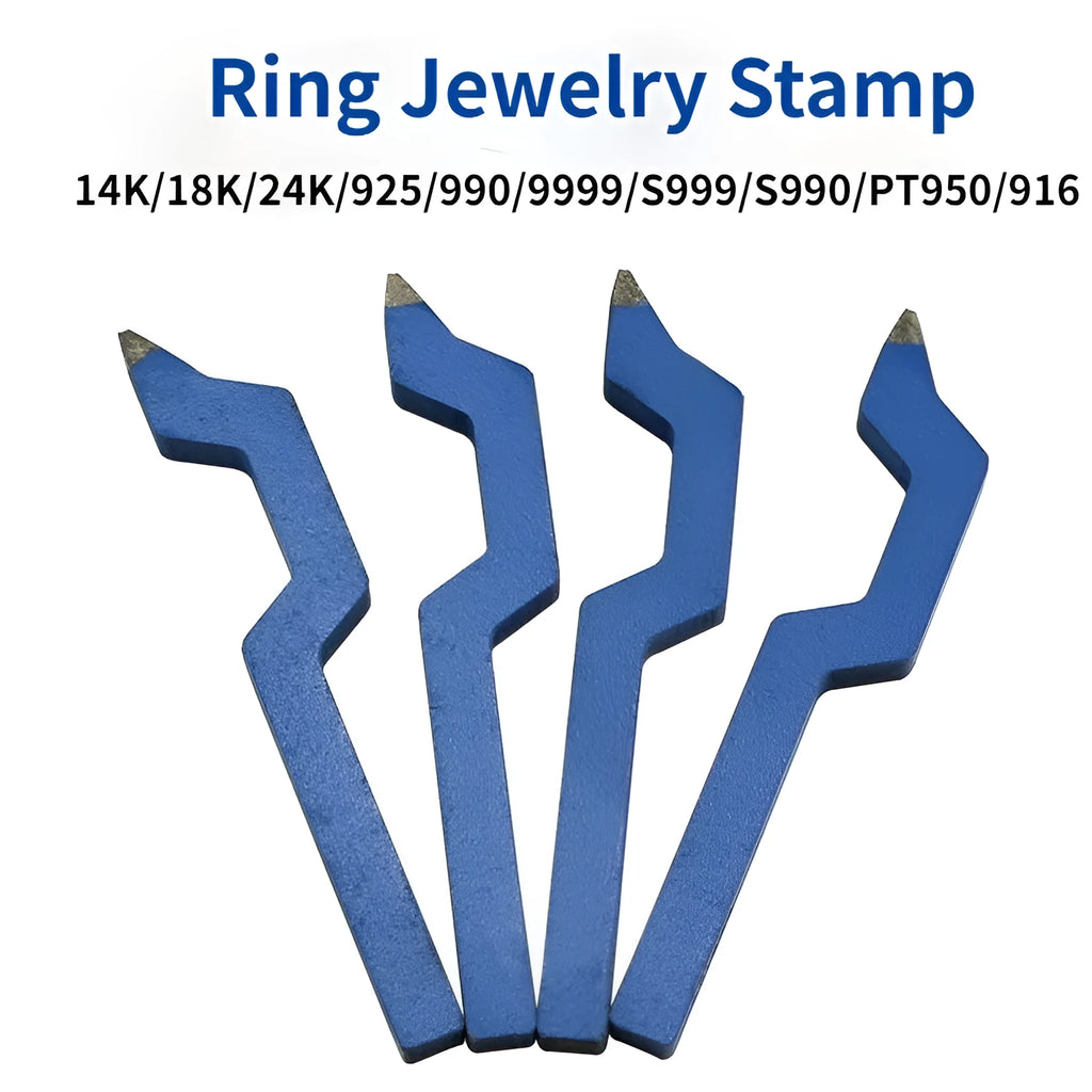 Gold-plated curved character alphanumeric steel stamp for jewellery marking.