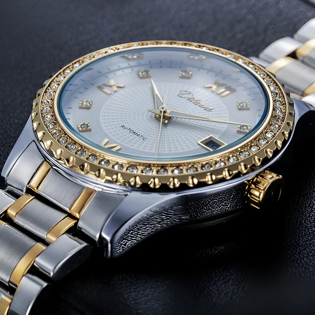 Fashionmonger men's gold automatic mechanical watch with black dial and luminous hands on a metal bracelet.