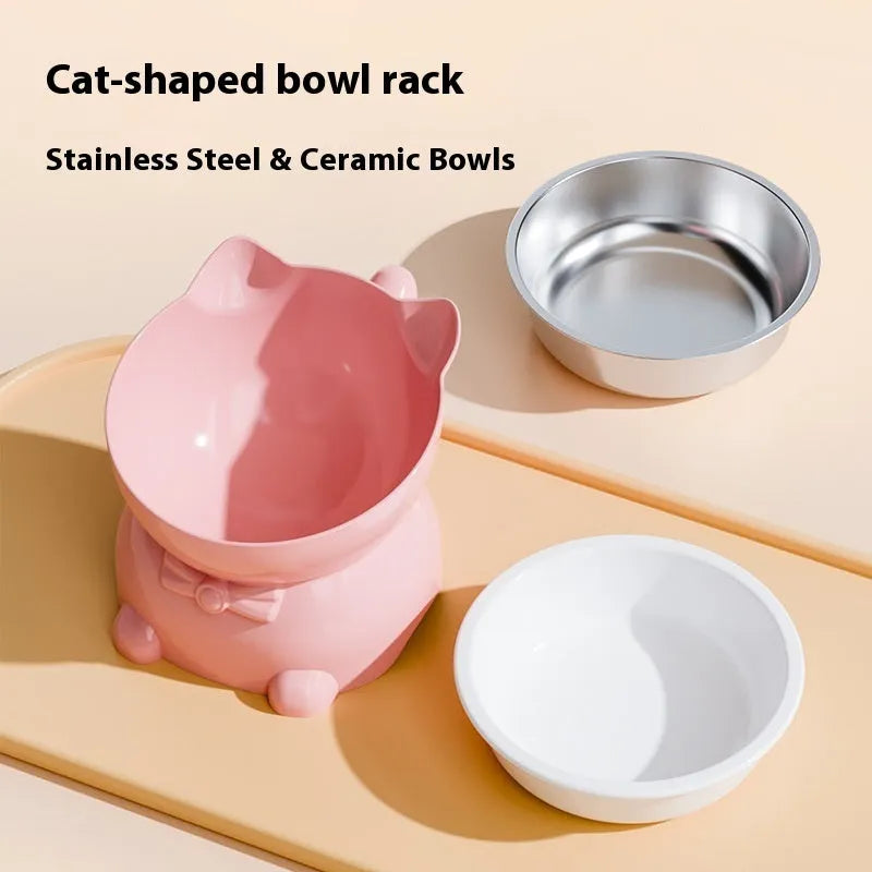 Stainless steel oblique angle cat bowl with coloured base, shown in black, blue, pink, and yellow options.