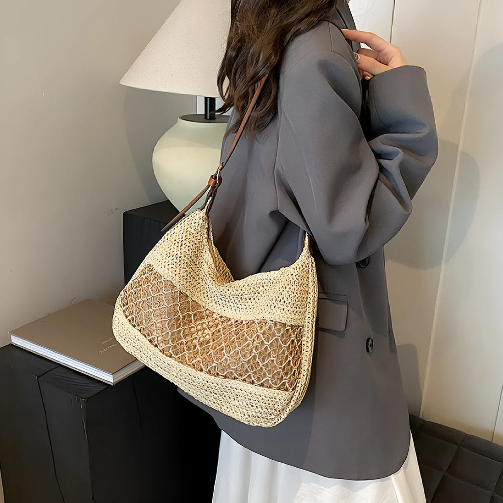 Women's khaki straw cross body bag with sandwich pocket showing horizontal square design
